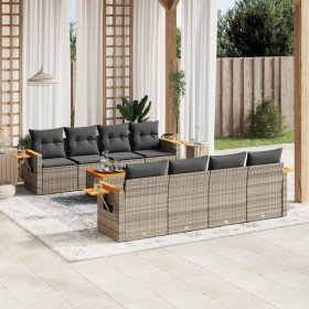 Set de muebles de jardín 9 pzas y cojines ratán sintético gris en Conjuntos de jardín | Comprar online en Foro24
