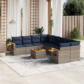 Set de sofás de jardín 9 pzas con cojines ratán sintético gris