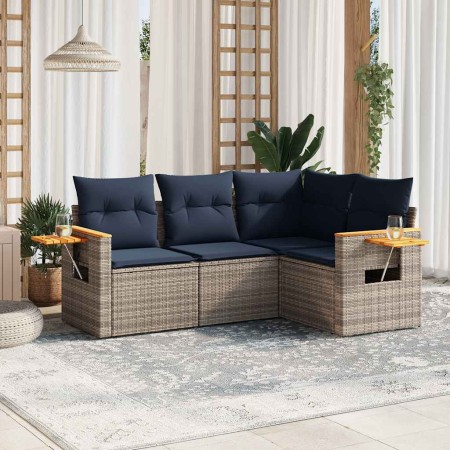 Set de sofás de jardín 4 pzas con cojines ratán sintético gris