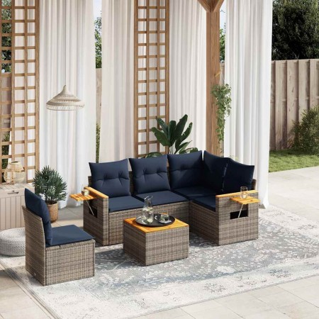 Set de sofás de jardín 6 pzas con cojines ratán sintético gris