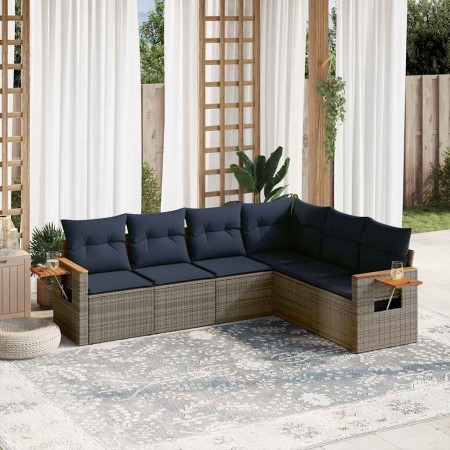 Set de sofás de jardín 6 pzas con cojines ratán sintético gris