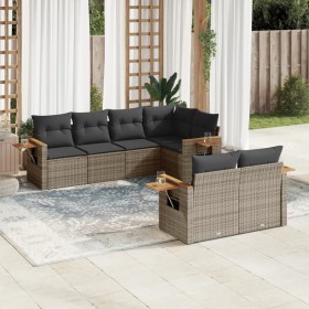 Set de sofás de jardín 7 piezas con cojines ratán PE gris