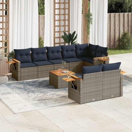 Set de sofás de jardín 9 pzas con cojines ratán sintético gris