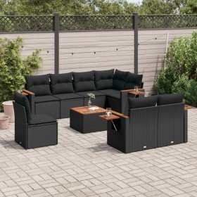 Set de sofás de jardín 8 piezas y cojines ratán sintético negro