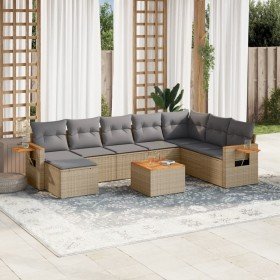 Set de sofás de jardín 9 pzas con cojines ratán sintético beige