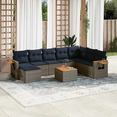 Set de sofás de jardín 9 pzas con cojines ratán sintético gris
