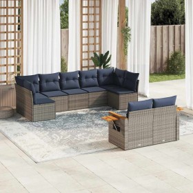 Set de sofás de jardín 9 pzas con cojines ratán sintético gris