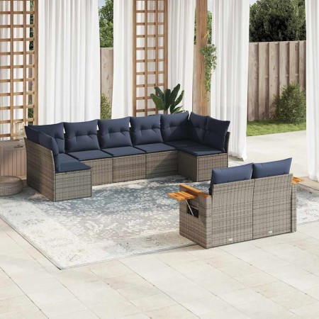 Set de sofás de jardín 9 pzas con cojines ratán sintético gris