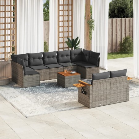 Set de sofás de jardín 10 pzas con cojines ratán sintético gris