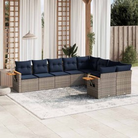 Set de sofás de jardín 9 pzas con cojines ratán sintético gris