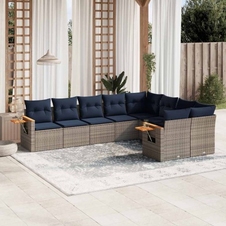 Set de sofás de jardín 9 pzas con cojines ratán sintético gris