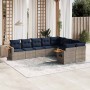 Set de sofás de jardín 9 pzas con cojines ratán sintético gris