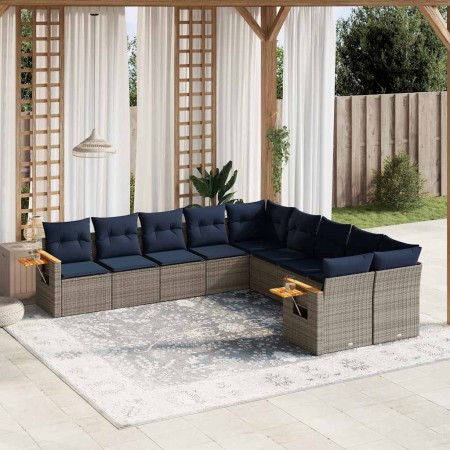Set de sofás de jardín 10 pzas con cojines ratán sintético gris