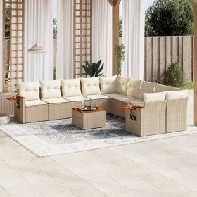 Set de sofás de jardín 11pzas con cojines ratán sintético beige