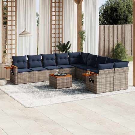 Set de sofás de jardín 11 pzas y cojines ratán sintético gris
