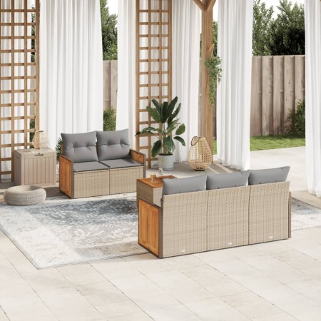 Juego de sofás jardín con cojines 6 pzas ratán sintético beige