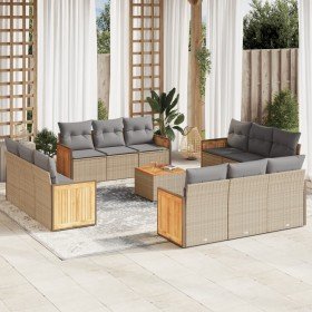 Set sofás de jardín con cojines 13 pzas ratán sintético beige