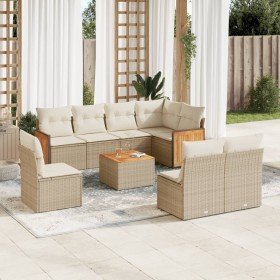Set de sofás de jardín 9 pzas con cojines ratán sintético beige Set de sofás de jardín 9 pzas con cojines ratán sintético beige