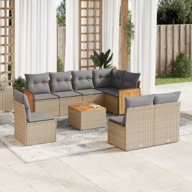 Set de sofás de jardín 9 pzas con cojines ratán sintético beige