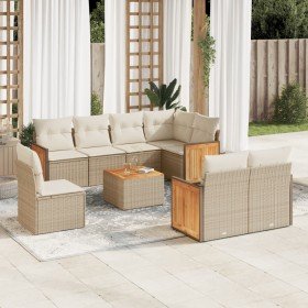 Set de sofás de jardín 9 pzas con cojines ratán sintético beige