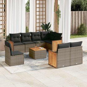 Set de muebles de jardín 9 pzas y cojines ratán sintético gris
