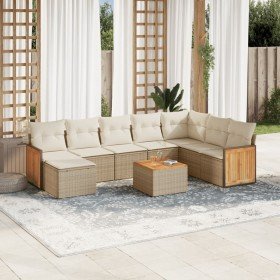 Set de sofás de jardín 9 pzas con cojines ratán sintético beige