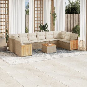 Set de sofás de jardín 11pzas con cojines ratán sintético beige Set de sofás de jardín 11pzas con cojines ratán sintético beige