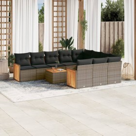 Set de sofás de jardín 11 pzas y cojines ratán sintético gris