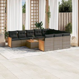 Set de sofás de jardín 11 pzas y cojines ratán sintético gris