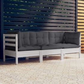 Sofá de jardín 3 plazas con cojines madera pino gris antracita