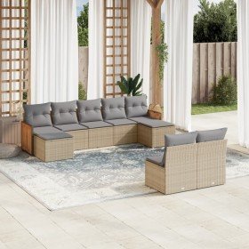 Set de sofás de jardín 9 pzas con cojines ratán sintético beige Set de sofás de jardín 9 pzas con cojines ratán sintético beige
