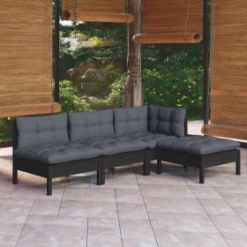 Muebles de jardín 4 pzas con cojines negro madera de pino