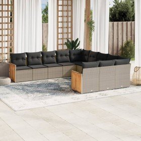Set de sofás de jardín 11 pzas y cojines ratán sintético gris