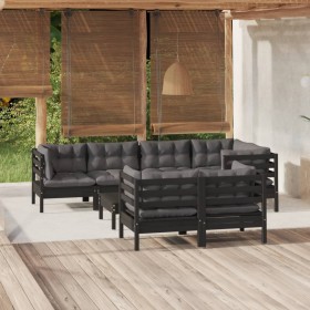 Muebles de jardín 8 pzas con cojines negro madera maciza pino