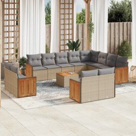 Set sofás de jardín con cojines 13 pzas ratán sintético beige