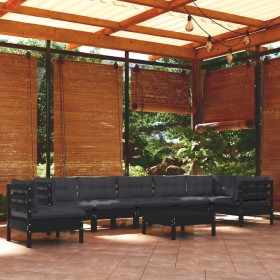 Muebles de jardín 9 pzas y cojines negro madera maciza de pino