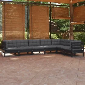 Garden furniture 7 pieces and cushions black solid pine wood by vidaXL, Garden sets - Ref: Foro24-3096699, Price: 657,43 €, D...