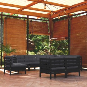 Muebles de jardín 9 pzas y cojines negro madera maciza de pino