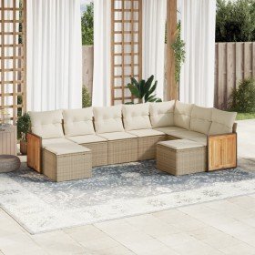Set de sofás de jardín 9 pzas con cojines ratán sintético beige Set de sofás de jardín 9 pzas con cojines ratán sintético beige