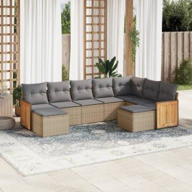 Set de sofás de jardín 9 pzas con cojines ratán sintético beige