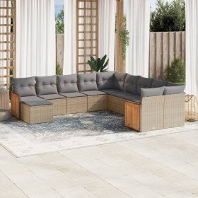 Set de sofás de jardín 11pzas con cojines ratán sintético beige Set de sofás de jardín 11pzas con cojines ratán sintético beige