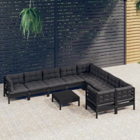 Muebles de jardín 10 pzas con cojines negro madera de pino