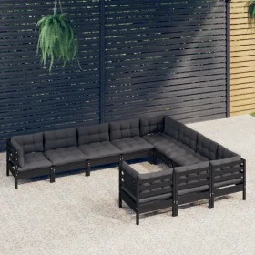Muebles de jardín 10 pzas con cojines negro madera de pino de vidaXL, Conjuntos de jardín - Ref: Foro24-3096999, Precio: 954,...