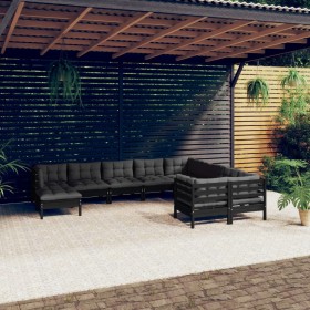 Muebles de jardín 10 pzas con cojines negro madera de pino