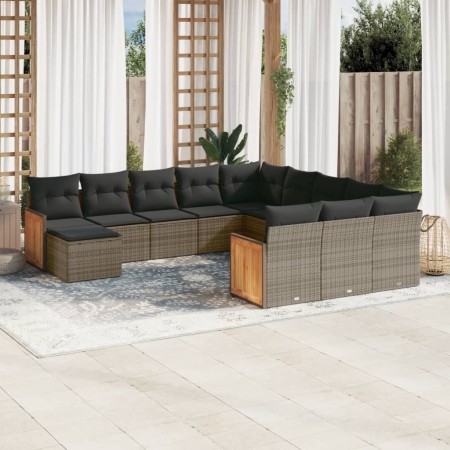 Set de sofás de jardín 12 pzas con cojines ratán sintético gris