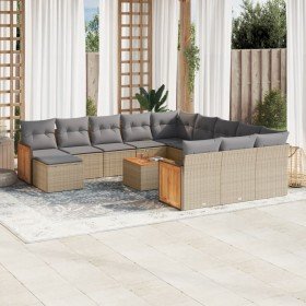 Set sofás de jardín con cojines 13 pzas ratán sintético beige