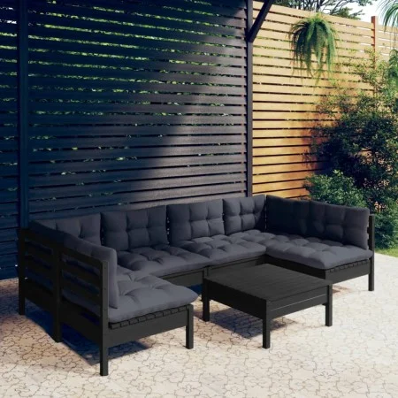 Garden furniture 7 pieces and cushions black solid pine wood by vidaXL, Garden sets - Ref: Foro24-3097161, Price: 629,27 €, D...