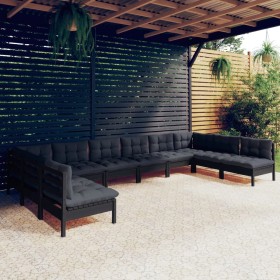 Garden furniture 10 pieces and cushions black solid pine wood by vidaXL, Garden sets - Ref: Foro24-3097191, Price: 979,43 €, ...