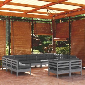 Muebles de jardín 11 pzas y cojines gris madera maciza de pino