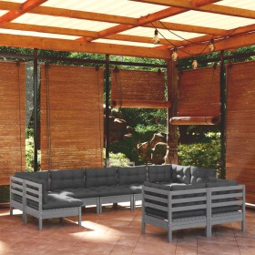 Muebles de jardín 9 pzas y cojines gris madera maciza de pino
